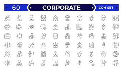 corporate Outline icon set. Business, office, finance, management, law, legal, document, team, analysis, company, chart, graph, employee, HR, contract, tax, planning, symbol, icon.