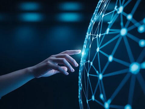 Human hand touches glowing blue network touching digital network