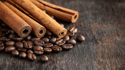 Roasted coffee beans and cinnamon sticks arranged in heart shape on rustic table