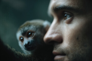 thoughtful zoologist observing specimen on left side of frame