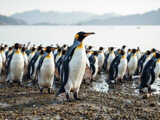 Fototapeta premium Lakefront Penguin Colony, Coastal Scene