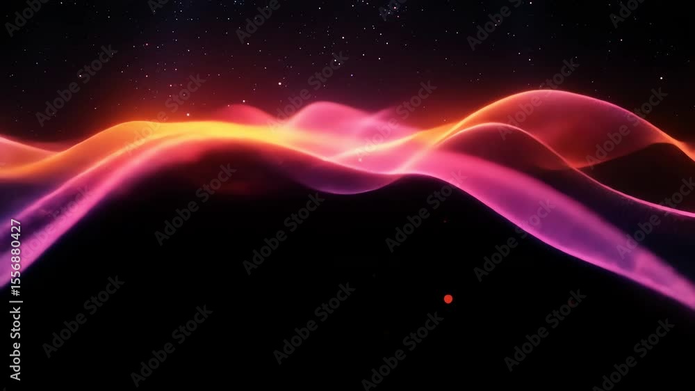 Poster waves of light red pink hues cascade small scattered sparkles add texture dark background with dista