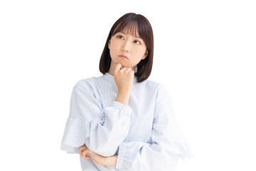 Obraz na płótnie Canvas 考えごとをする女性・ビジネスウーマン（背景透過PNG）