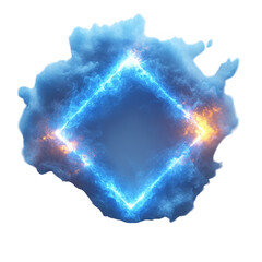 Abstract glowing diamond shape formed by blue energy and fire sparks surrounded by ethereal smoke isolated on transparent background