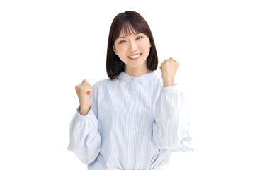 ガッツポーズをする女性・ビジネスウーマン（背景透過PNG）