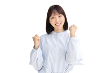 ガッツポーズをする女性・ビジネスウーマン（背景透過PNG）