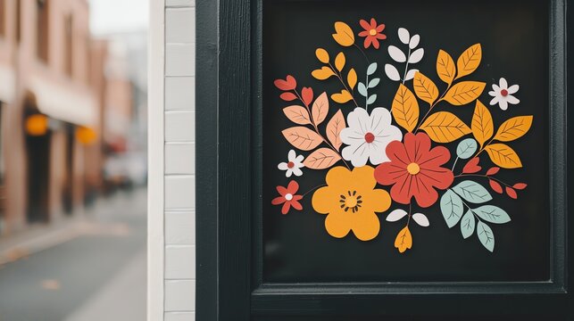Whimsical fall window decals on coffee shop storefront