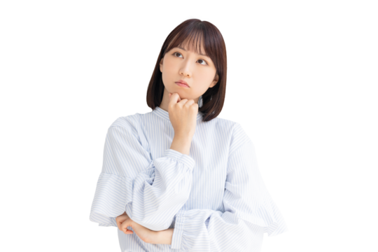 考えごとをする女性・ビジネスウーマン（背景透過PNG）