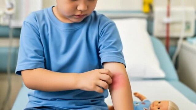 Child Scratching Itchy Arm: A young child sits on a hospital bed, gently scratching an itchy red rash on their arm. A doll rests beside them.