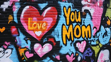 Colorful graffiti mural expressing love for mom with vibrant hearts.