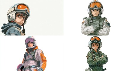 Naklejka premium Four pilots in helmets, rendered in anime-style with vibrant color scheme