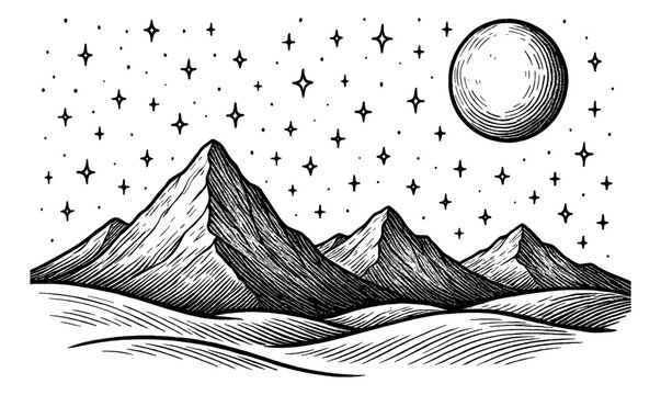 Mountain Range Landscape with Moon and Stars at Night, Black and White Engraving Style