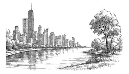 Fototapeta premium Cityscape illustration with a river, trees, and city buildings drawn in line art style