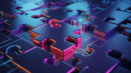 Interlocking puzzle pieces with vibrant neon illumination