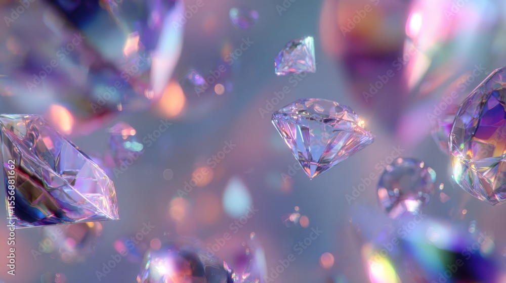 Poster Abstract scene of multiple crystal diamonds suspended in space, surrounded by soft neon glows and transparent light flares reflecting across every surface.