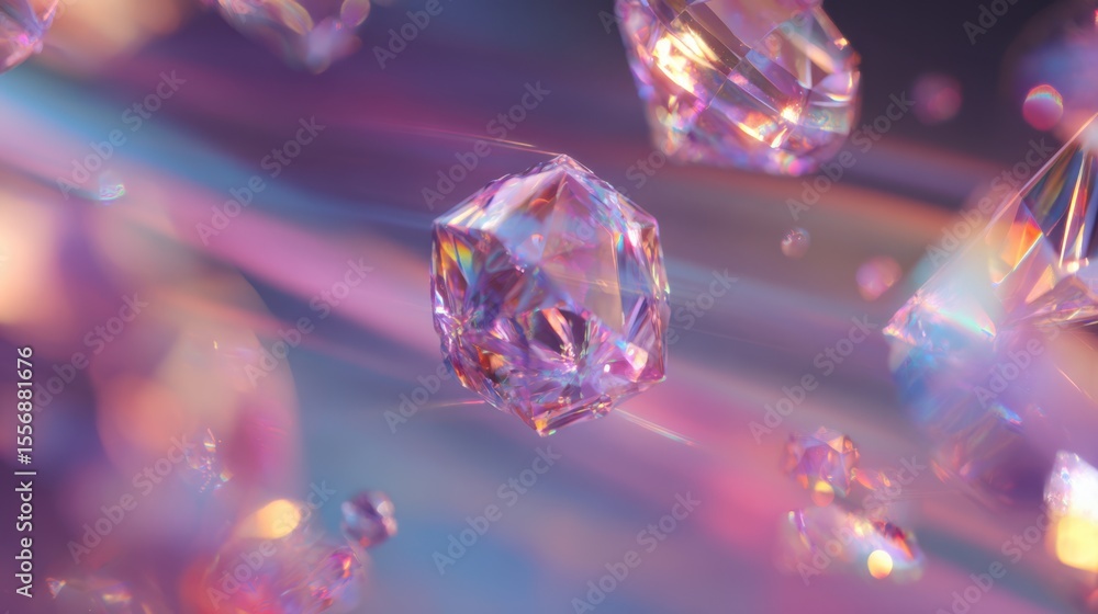 Poster Abstract scene of multiple crystal diamonds suspended in space, surrounded by soft neon glows and transparent light flares reflecting across every surface.