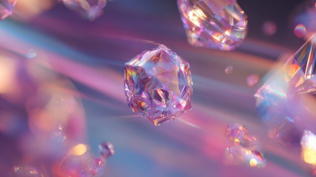 Abstract scene of multiple crystal diamonds suspended in space, surrounded by soft neon glows and transparent light flares reflecting across every surface.