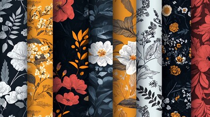 Vibrant floral patterns on a dark background showcasing a variety of colors and details.