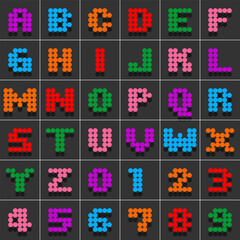 Colorful dot alphabet and numbers in fun bubble style. Vector letters A to Z and digits 0 to 9 made of bright round circles. Cute modern typeface for kids, posters, games, or education.