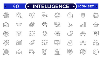 Intelligence Outline icon set. Containing Creative idea, brainstorming, solution, thinking, innovation and more.