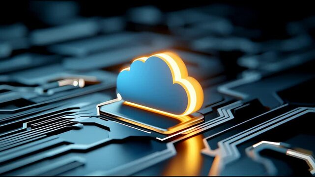 A glowing blue and orange cloud icon sits on a computer circuit board, symbolizing cloud computing technology.