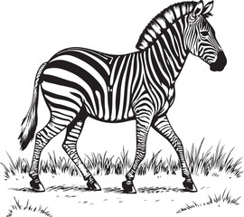 Vintage Line Art Illustration of a Walking Zebra in Grassland