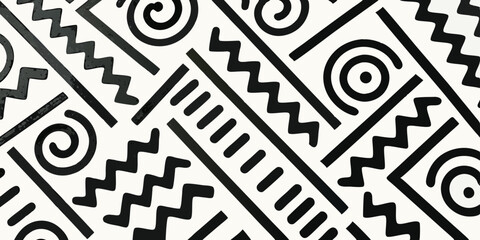 Abstract geometric pattern with black tribal motifs on a white background