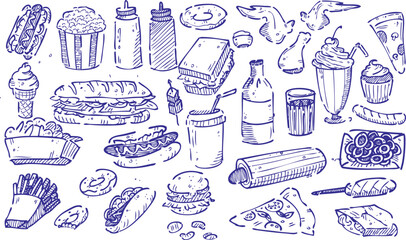Hand-drawn fast food doodle set featuring burgers, pizza, fries, sandwiches, hot dogs, wings, soda, popcorn, ice cream, donuts, cupcakes, and snacks. Great for menus, packaging, party posters.