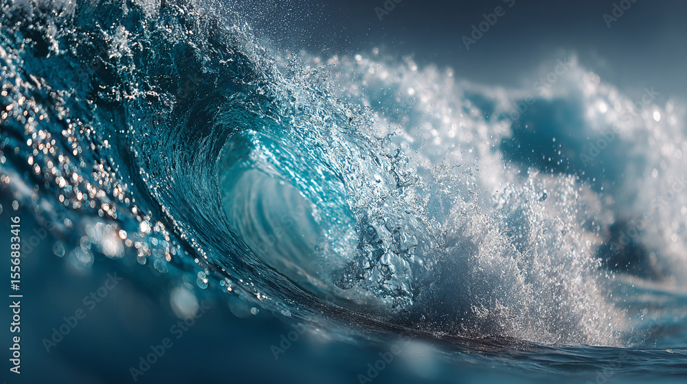 Poster a mesmerizing close up of a powerful ocean wave cresting with splashes and turquoise hues in the wat