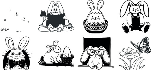 Collection of cute hand drawn black and white bunny illustrations for easter