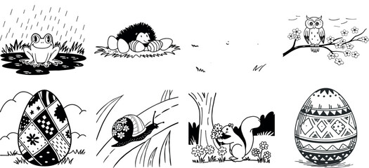 Cute hand drawn animals and easter eggs in black and white line art