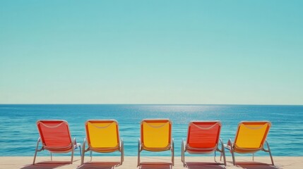 Chromatic beach chairs facing calm ocean under clear sky