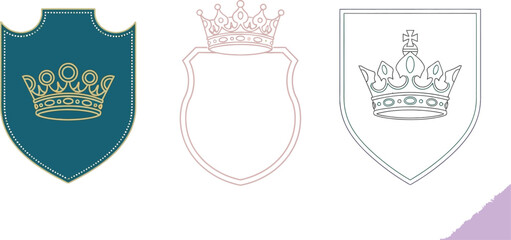 Three shields each topped with a crown in different color schemes