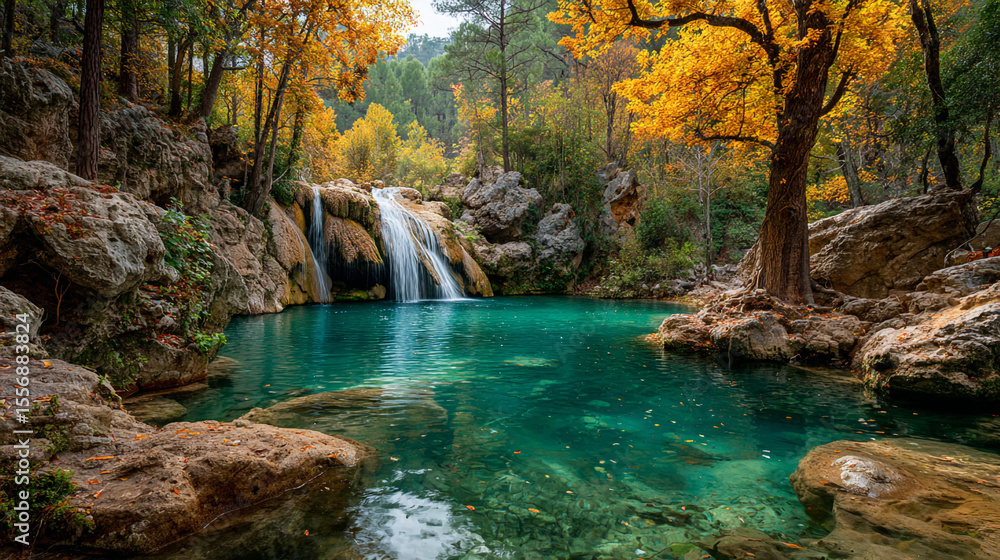 Poster a scenic view of a waterfall flowing into a turquoise pool surrounded by autumn trees and rocks