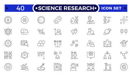 Scientific research and science Outline icon collection. Laboratory. Chemical experience and experiment. Molecule and atom.