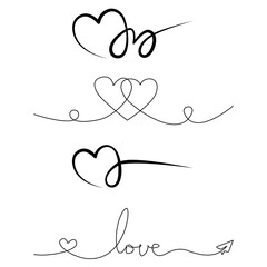 A collection of continuous line art designs featuring love symbols. Includes intertwined hearts with pink fills and outlines, as well as the word 'love' written in a stylish one-line script.