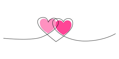 Fototapeta premium A continuous line drawing featuring two intertwined pink hearts on a white background. This minimalist and elegant one-line art illustration symbolizes love, connection, and harmonious relationships.