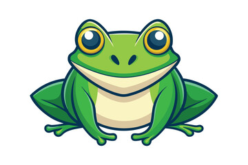 A cute green cartoon frog with large golden eyes sits calmly looking straight ahead