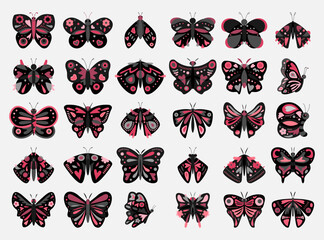 Black pink butterfly stroke outline vector set. light stroke line butterfly vintage. decoration stamp, pattern, line collection. insect elements for logo branding.