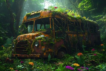 Overgrown Bus in Lush Forest.