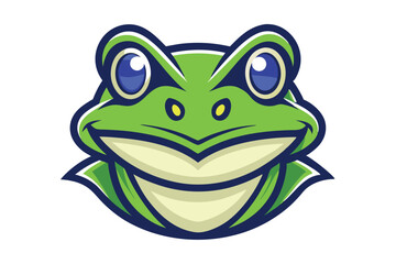 Smiling cartoon frog head with big blue eyes displays a playful mascot appearance