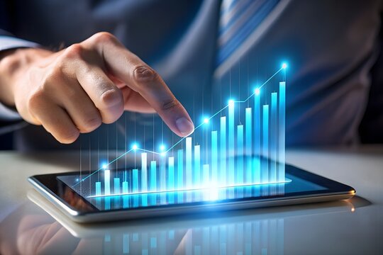 A hand points at a glowing blue graph on a tablet, symbolizing business growth and technological advancement