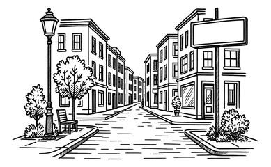 Black and White Hand Drawn Street Scene with Buildings, Trees and Street Lamp