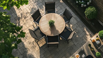 Circular patio table set for minimal commercial product photography