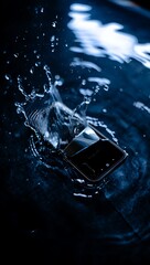 Smartphone splashing into dark water creating dynamic water droplets and splashes