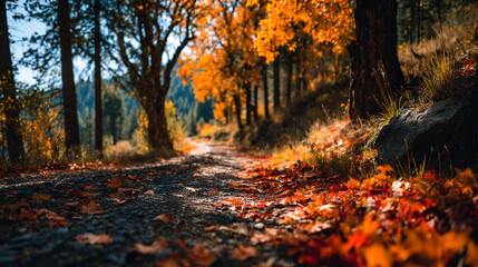 Fototapeta premium A forest path covered in fallen autumn leaves with trees lining the sides on a sunny day outdoors