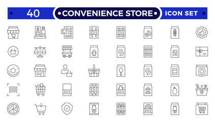 Convenience Store Outline Icon Set. Online payment, discount, buy, shopping cart, delivery, credit card, customer service