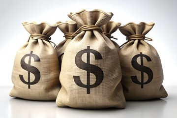 Four burlap money bags with dollar signs are isolated on white background