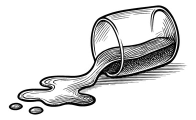 Illustration of Spilled Liquid from Tilted Glass in Black and White Line Art Style