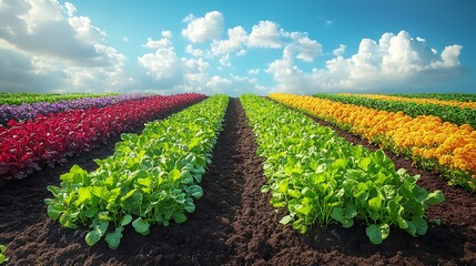 Colorful crop rows under sunny sky
